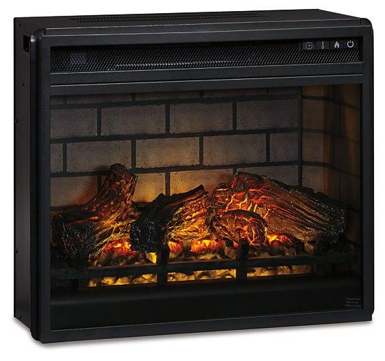 Derekson 4-piece Ashley Furniture entertainment center with electric fireplace, showcasing wood finish, TV space, and storage compartments.