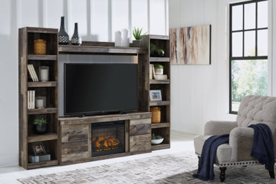 Derekson 4-piece Ashley Furniture entertainment center with electric fireplace, wood finish, TV stand, storage cabinets, and shelves.