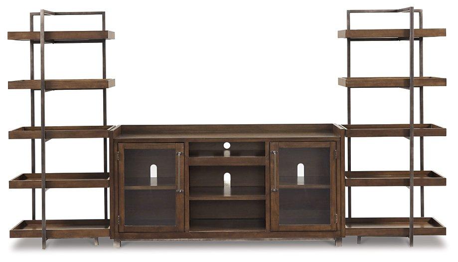 Ashley Furniture Starmore 3-piece entertainment center with TV stand, storage cabinets, and shelving in a modern design.