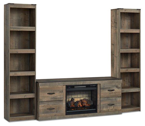 Ashley Trinell 3-piece entertainment center with electric fireplace, featuring modern wood finish and integrated media storage.