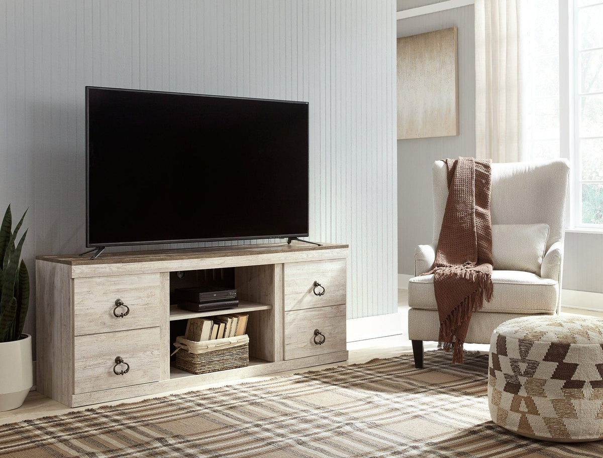 Willowton 3-piece Ashley Furniture entertainment center with electric fireplace, wood finish, and open shelving for media storage.