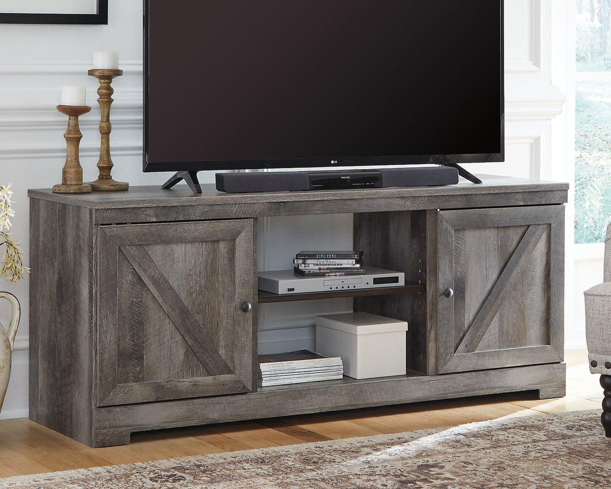 Ashley Furniture Wynnlow 63-inch TV stand entertainment center with open shelves and storage compartments in a modern design.