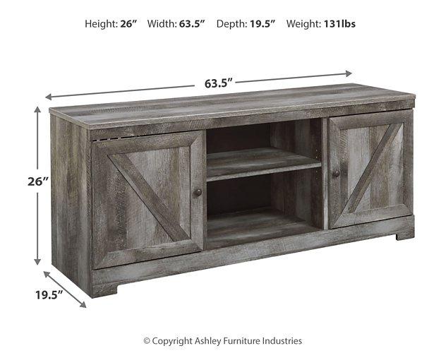 Ashley Wynnlow 63-inch TV stand entertainment center with open shelves and storage compartments in a modern wood finish.