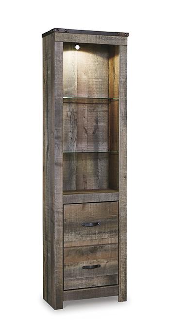 Ashley Furniture Trinell Pier entertainment center with open shelves, storage compartments, and a sleek wood finish.