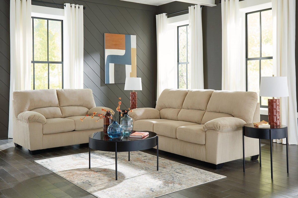 Ashley SimpleJoy living room set with sofa and armchair in a cozy, modern design featuring neutral upholstery and wooden legs.
