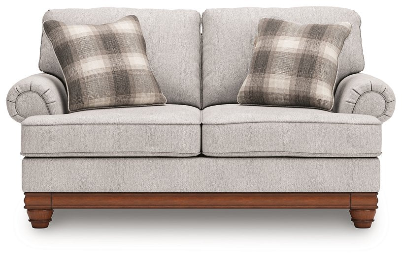 Ashley Furniture Clearbrooke living room set featuring a sofa and loveseat with neutral fabric upholstery and modern design.
