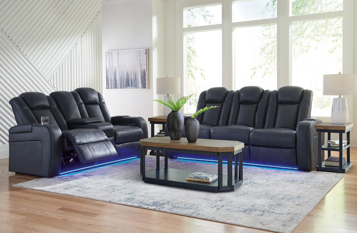 Ashley Furniture Fyne-Dyme living room set featuring a sofa and recliner with plush upholstery and wood accents.