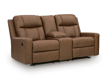 Ashley Furniture Mackmenville reclining loveseat with built-in console, featuring plush upholstery and comfortable seating.
