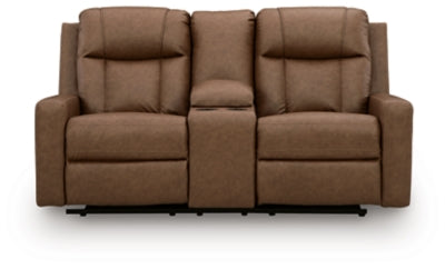 Ashley Furniture Mackmenville reclining loveseat with console, featuring plush fabric, padded armrests, and built-in cup holders.