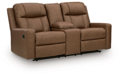 Ashley Furniture Mackmenville reclining loveseat with console, featuring plush upholstery and built-in cup holders, viewed from an angle.