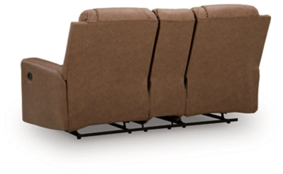 Ashley Furniture Mackmenville reclining loveseat with built-in console, showcasing plush fabric and padded armrests.