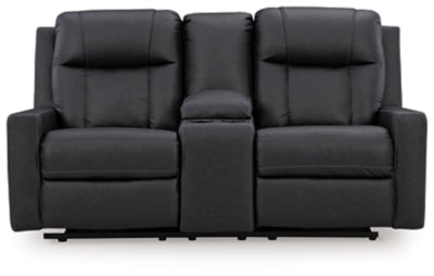 Ashley Furniture Mackmenville reclining loveseat with console, showing plush fabric, padded armrests, and built-in center console.