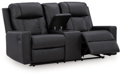 Ashley Furniture Mackmenville reclining loveseat with console, showing plush fabric, padded armrests, and open reclining mechanism.