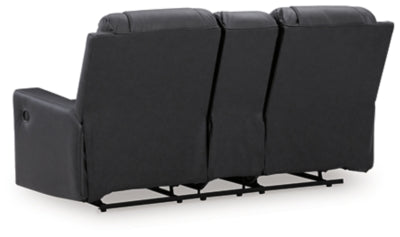 Ashley Furniture Mackmenville reclining loveseat with console, showing plush fabric, padded armrests, and built-in center console.