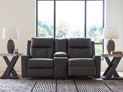 Ashley Furniture Mackmenville reclining loveseat with console, open position, showing plush upholstery and built-in cup holders.