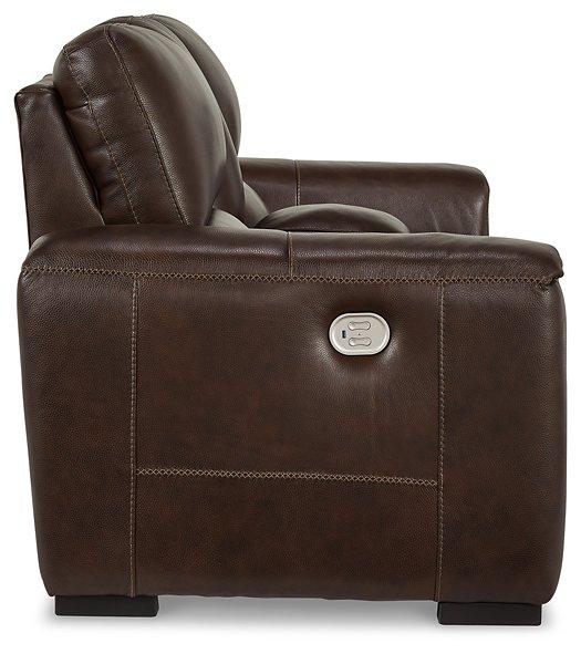 Ashley Furniture Alessandro power reclining loveseat with built-in console, featuring plush cushions and dark upholstery.