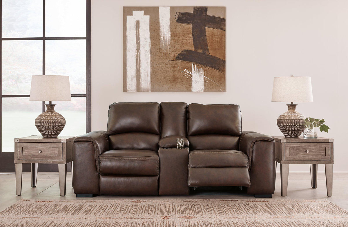 Ashley Furniture Alessandro power reclining loveseat with console, showcasing plush fabric, built-in cupholders, and reclining features.