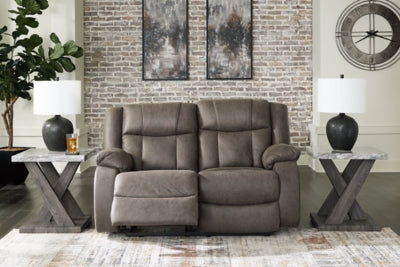 Open Ashley Furniture First Base reclining loveseat with plush cushions and reclining features for comfortable seating.