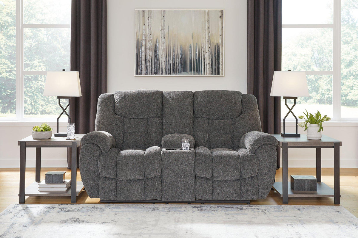 Ashley Furniture Foreside reclining loveseat with console, featuring plush upholstery and built-in cup holders for comfortable seating.