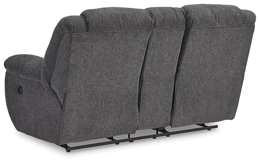 Ashley Furniture Foreside Reclining Loveseat with Console showing plush fabric, built-in cup holders, and ergonomic design.