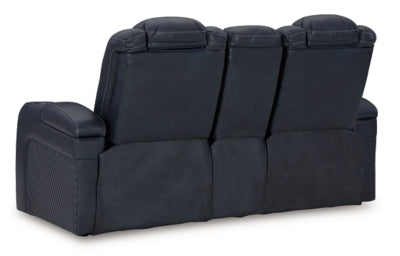 Ashley Furniture Fyne-Dyme power reclining loveseat with console, featuring plush upholstery and built-in cup holders for comfort.