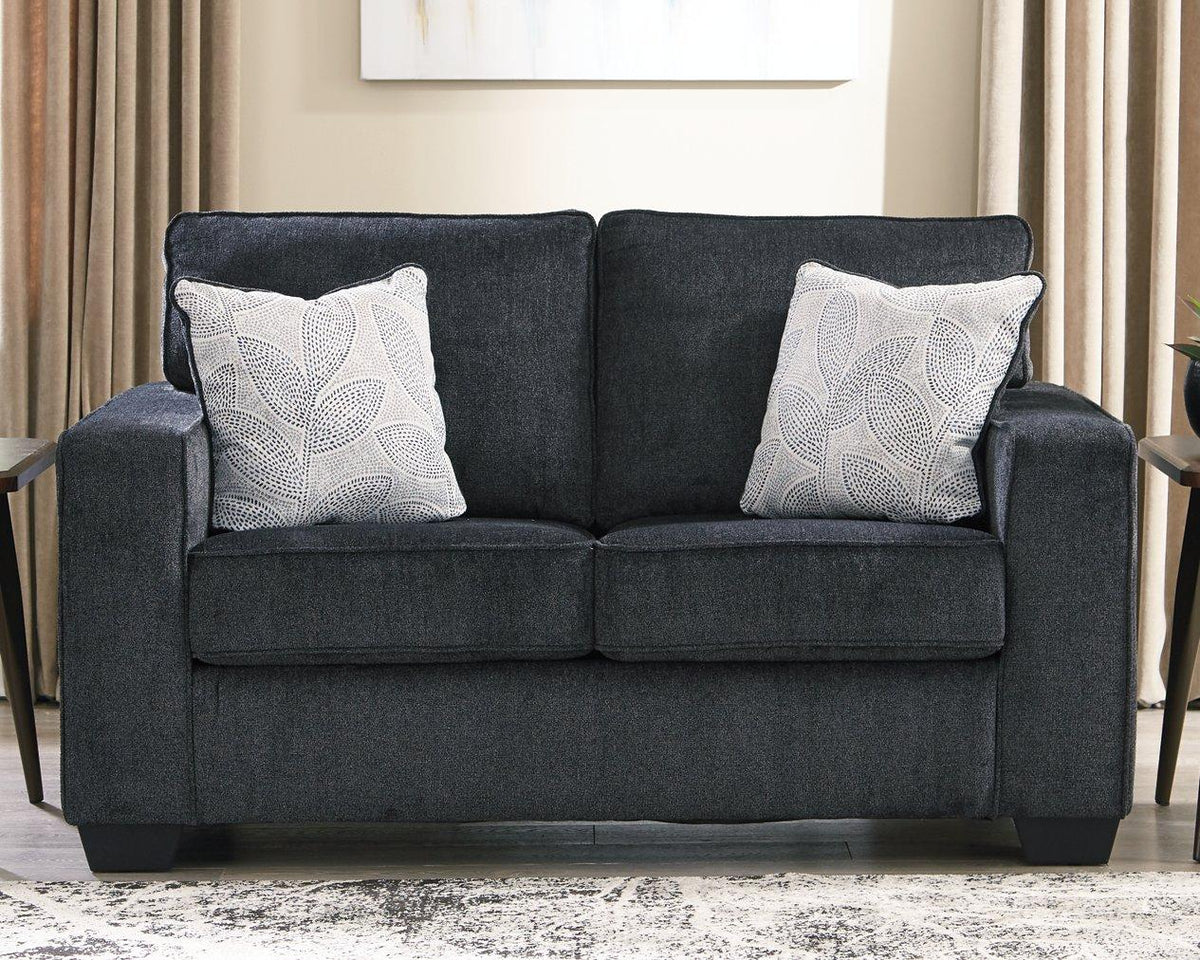 Ashley Altari Loveseat with plush fabric and cushioned arms, ideal for cozy living room seating.