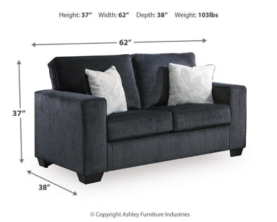 Altari loveseat by Ashley Furniture with plush beige fabric, cushioned back, and wooden legs in a cozy living room setting.
