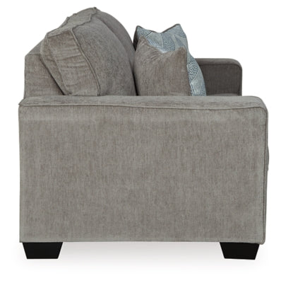Ashley Furniture Altari loveseat with plush fabric and cushioned armrests, shown from a side angle.