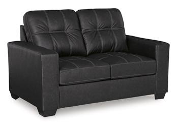 Ashley Furniture Barlin Mills loveseat with plush fabric and cushioned armrests, perfect for cozy living room seating.