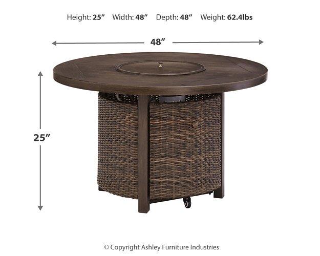 Ashley Furniture Shoreside Fire Pit Table, outdoor cocktail table with fire pit feature, made of durable materials for outdoor use