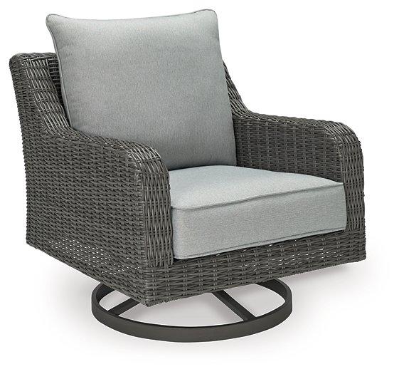 Outdoor swivel lounge chair with cushion by Ashley Furniture, featuring a stylish design for comfortable outdoor relaxation.