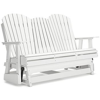 Ashley Furniture Hyland Wave outdoor glider loveseat with cushioned seating and armrests, perfect for patio relaxation.