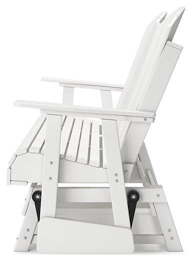 Outdoor loveseat by Ashley Furniture, part of the Hyland wave collection, featuring a cushioned outdoor glider loveseat with metal frame.
