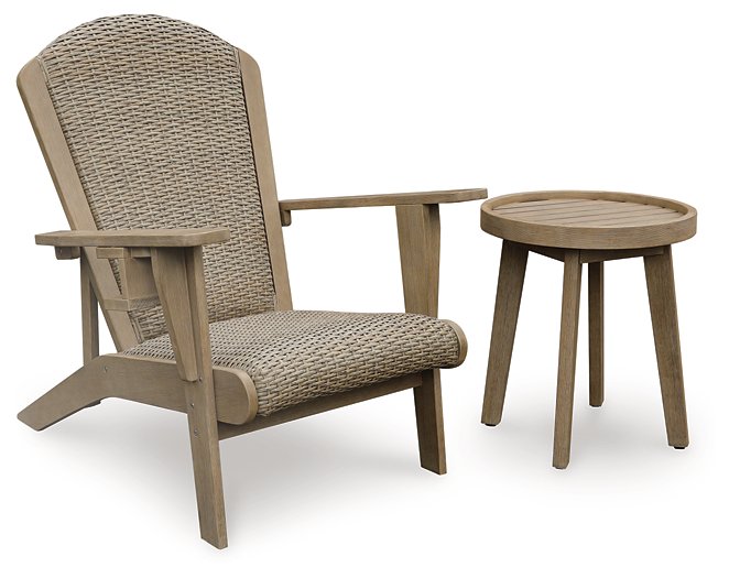 Outdoor table set from Ashley Furniture's Marina Sun package, featuring a spacious table and matching chairs for patio dining.