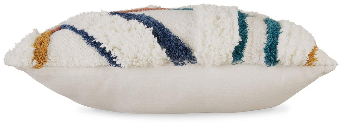 Set of four Ashley Furniture Evermore pillows, plush decorative pillows with textured fabric in neutral tones.