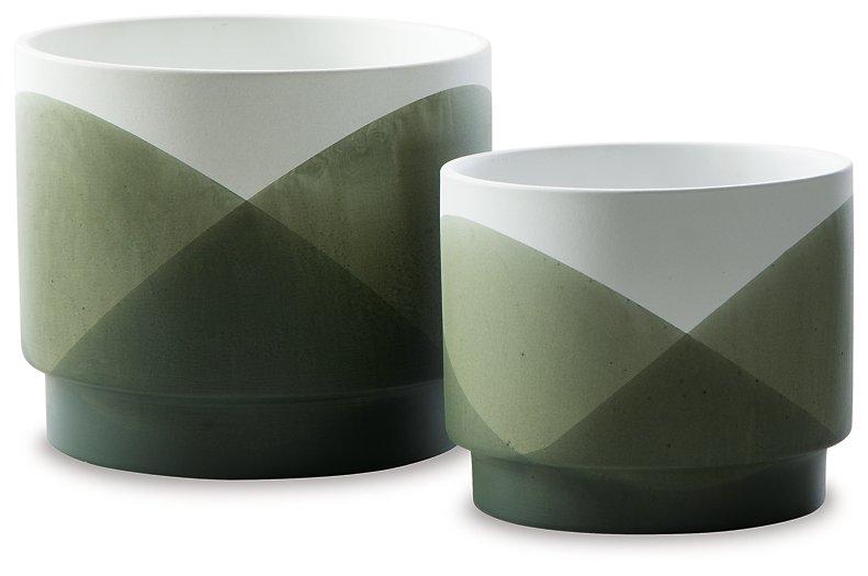 Set of two Ashley Furniture Ardenridge planters with decorative outdoor ceramic pots featuring textured designs.