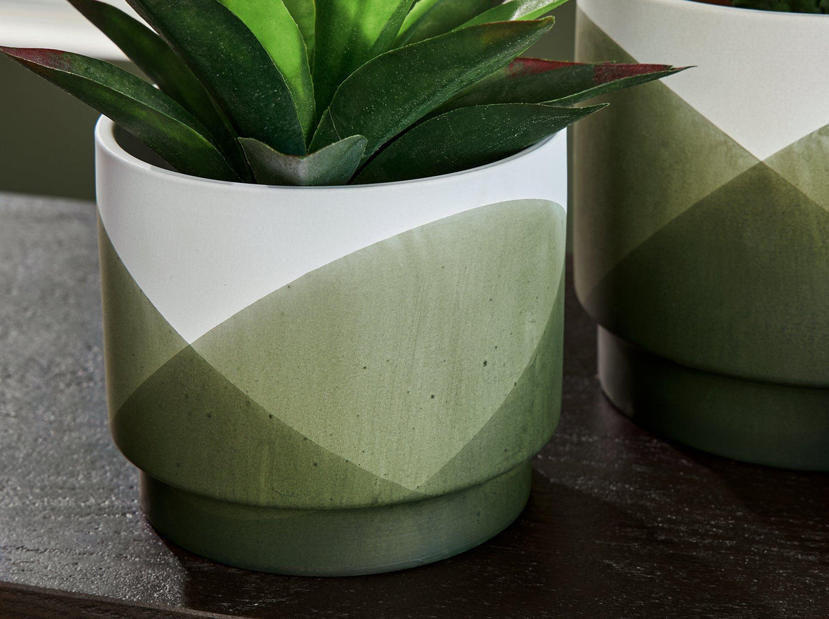 Set of two Ashley Furniture Ardenridge planters with rustic wooden finish and metal accents, perfect for indoor or outdoor plants.