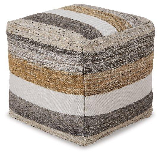 Ashley Furniture Josalind Pouf, plush fabric ottoman with a modern design, suitable for living room or lounge decor.