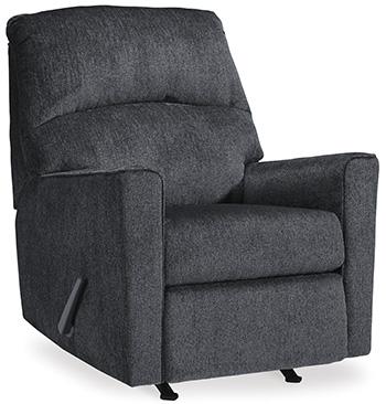 Ashley Furniture Altari recliner in beige fabric, showing plush cushioning and wooden base with armrests and reclining mechanism.