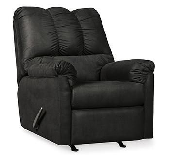 Ashley Furniture Darcy Recliner in neutral fabric, showing plush cushioning and wide armrests for comfortable lounging.