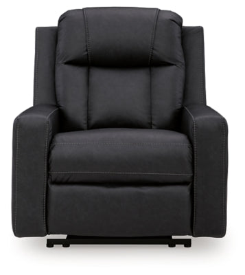 Ashley Furniture Mackmenville recliner in dark leather with plush cushioning and a high back, shown from a front head-on view.