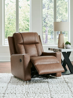 Open view of the Ashley Furniture Mackmenville recliner showcasing its plush fabric upholstery and comfortable design.