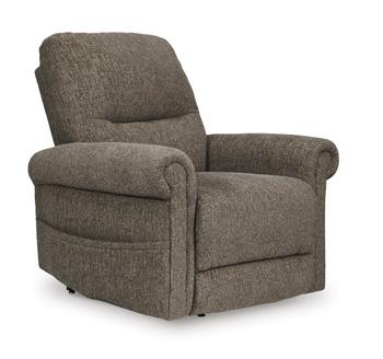 Ashley Furniture Aureta Power Lift Recliner in beige fabric with plush cushioning and armrests, designed for comfort and support.