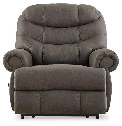 Ashley Furniture Camera Time recliner in beige fabric, showing plush cushioned armrests and a comfortable reclining position.