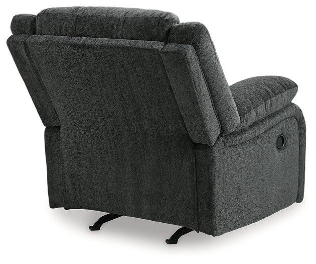 Ashley Furniture Draycoll recliner in neutral fabric, showing its plush cushioning and classic design for comfortable seating.