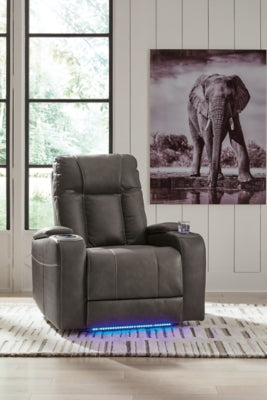 Ashley Furniture Feazada Power Recliner in dark fabric, showing plush cushioning and modern design for comfortable relaxation.