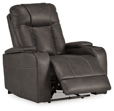 Ashley Furniture Feazada Power Recliner in open position, showing plush upholstery and reclining mechanism in a modern living room setting.