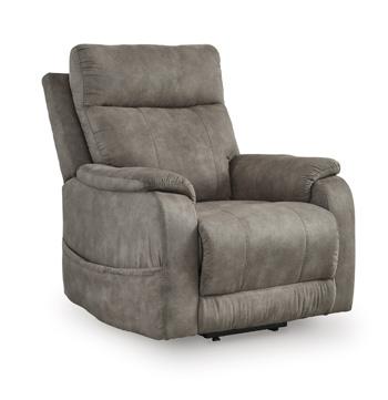 Ashley Furniture Crestmeade Power Lift Recliner in beige fabric with plush cushioning and a sturdy wooden base.