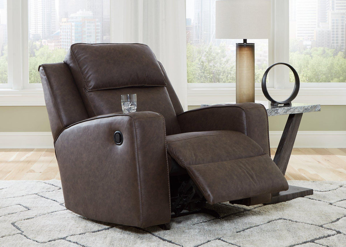 Lavenhorne recliner by Ashley Furniture, plush fabric upholstery with padded armrests and a comfortable reclining position.