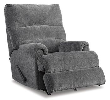Ashley Furniture Man Fort Recliner showing plush fabric, padded armrests, and ergonomic design for comfortable seating.